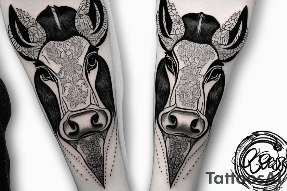 Outline cow head with big glossy eyes tattoo idea