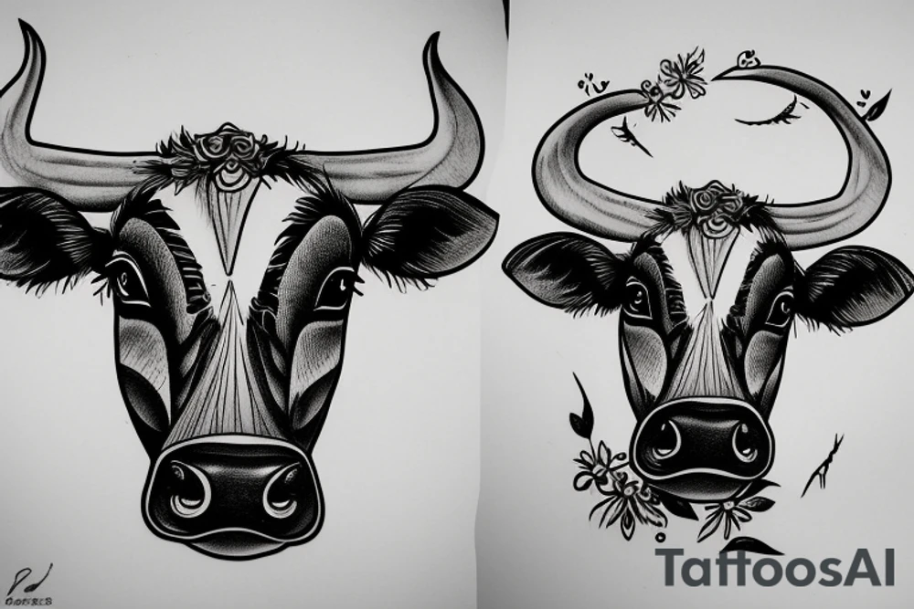 Outline cow head with big glossy eyes tattoo idea