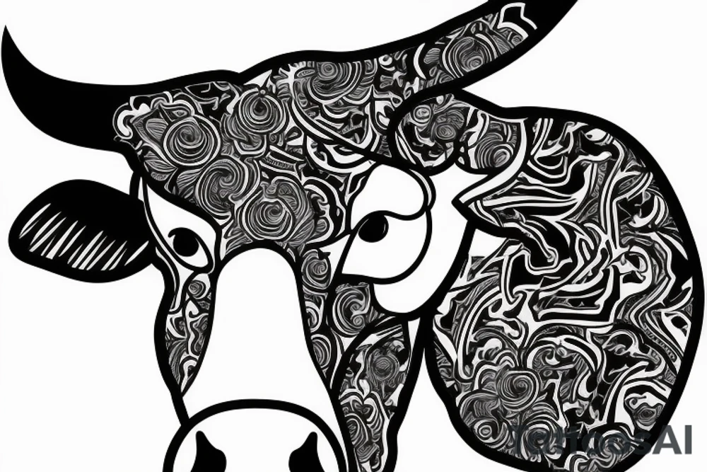 Outline cow head with big glossy eyes tattoo idea