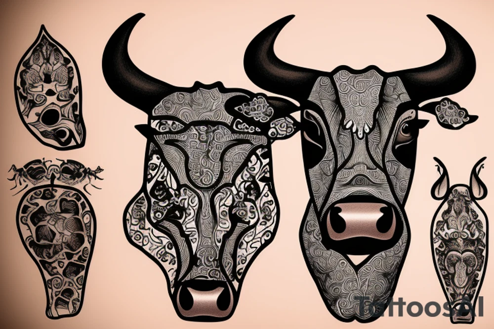 Outline cow head with big glossy eyes tattoo idea