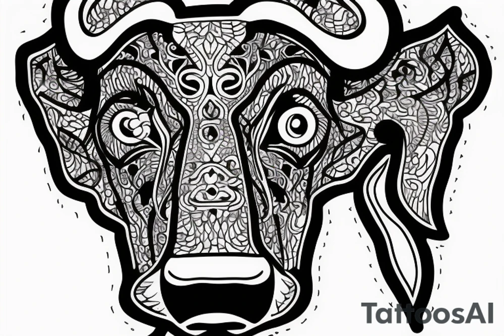 Outline cow head with big glossy eyes tattoo idea