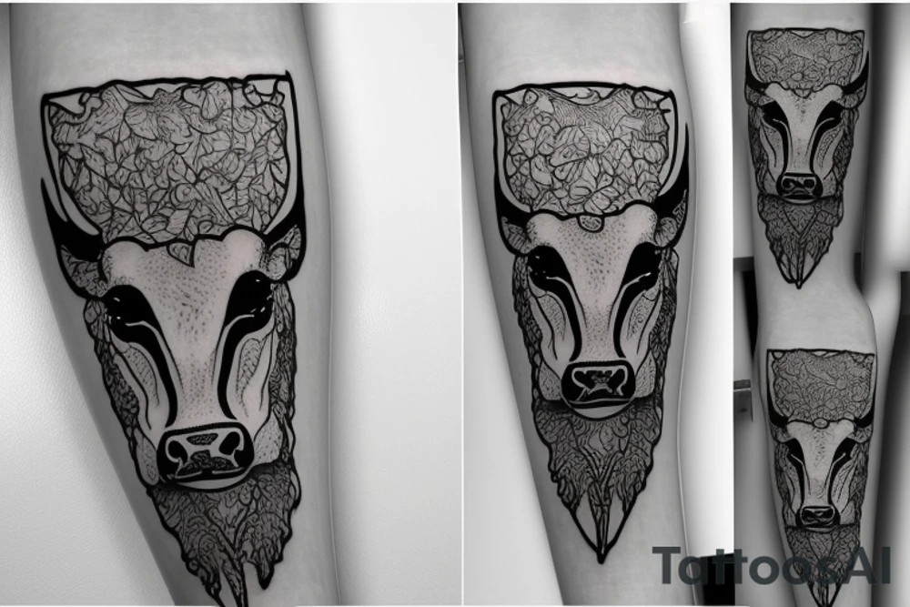 Outline cow head with big glossy eyes tattoo idea