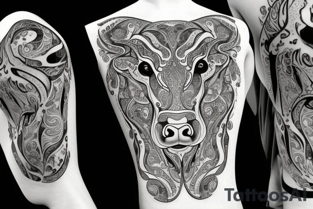 Outline cow head with big glossy eyes tattoo idea