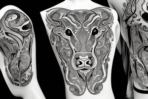 Outline cow head with big glossy eyes tattoo idea