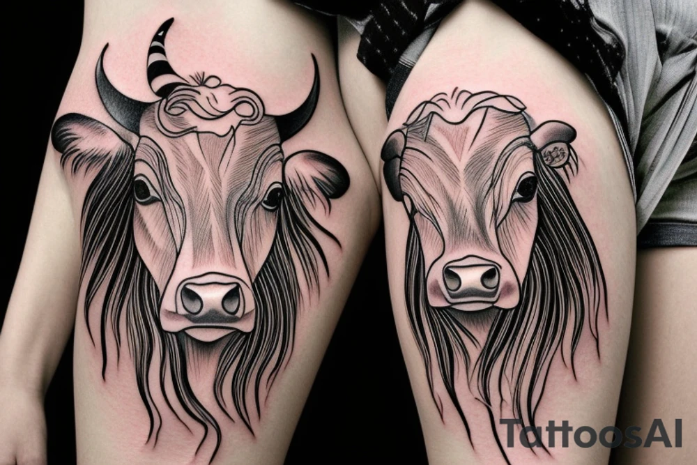 Outline cow head with big glossy eyes tattoo idea