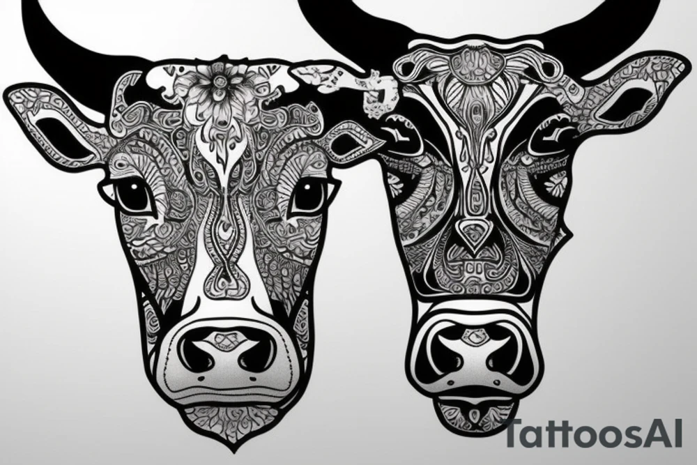 Outline cow head with big glossy eyes tattoo idea