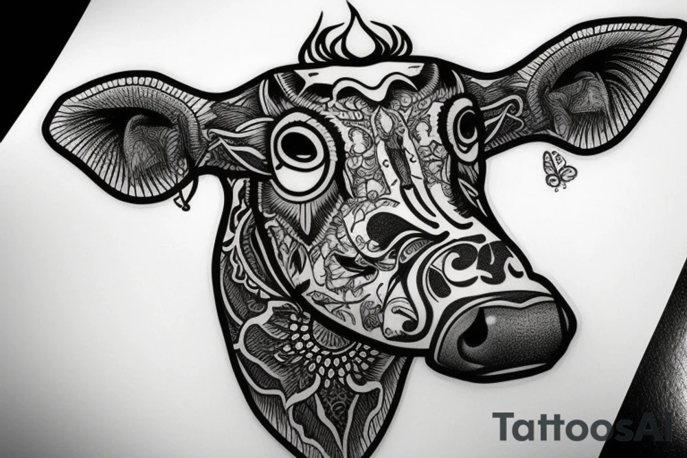 Outline cow head with big glossy eyes tattoo idea