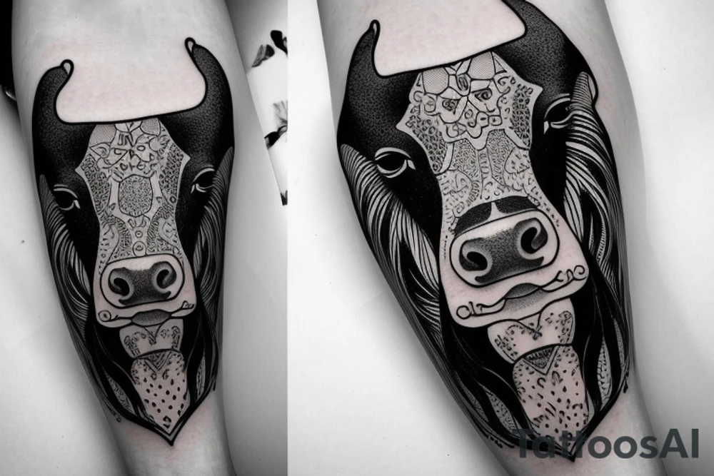 Outline cow head with big glossy eyes tattoo idea