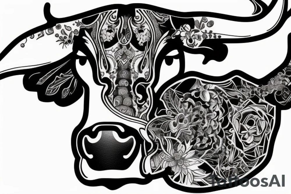 Outline cow head with big glossy eyes tattoo idea