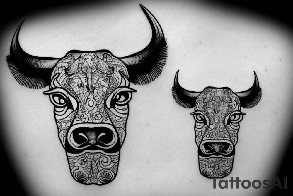 Outline cow head with big glossy eyes tattoo idea