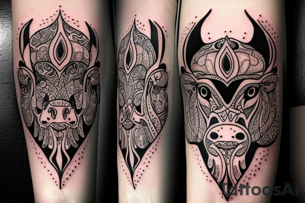 Outline cow head with big glossy eyes tattoo idea