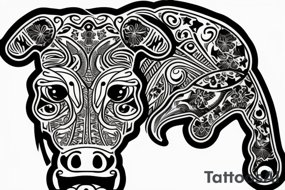 Outline cow head with big glossy eyes tattoo idea
