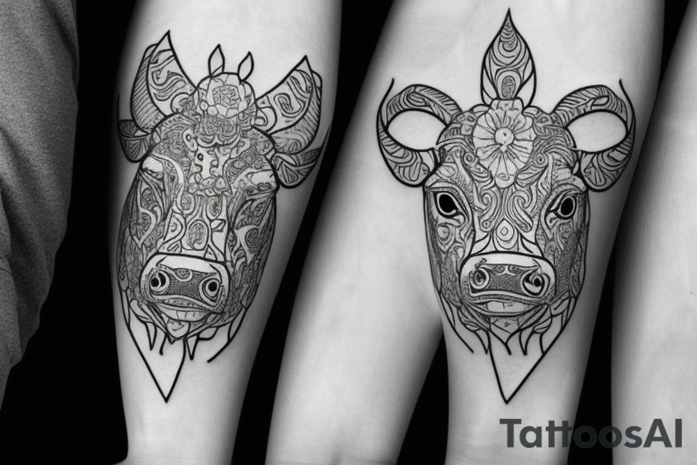 Outline cow head with big glossy eyes tattoo idea