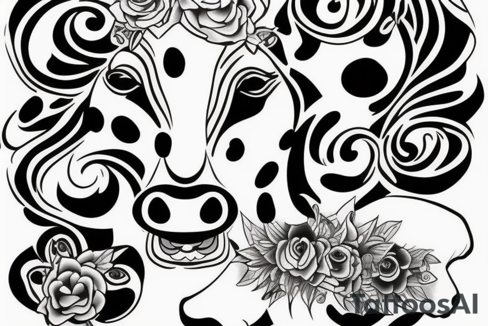 Outline cow head with big glossy eyes tattoo idea