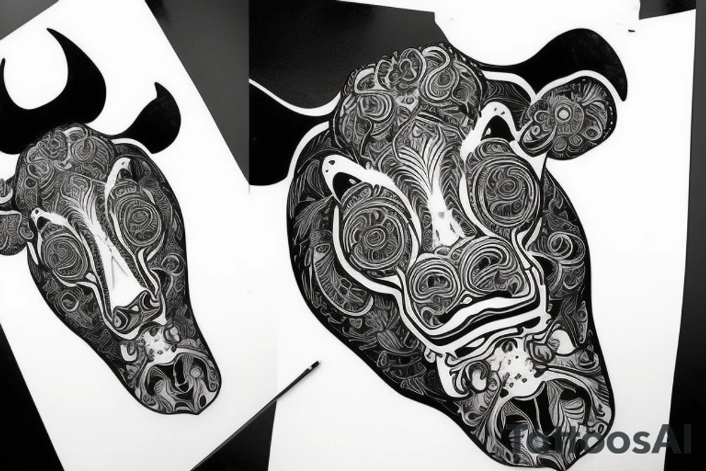 Outline cow head with big glossy eyes tattoo idea
