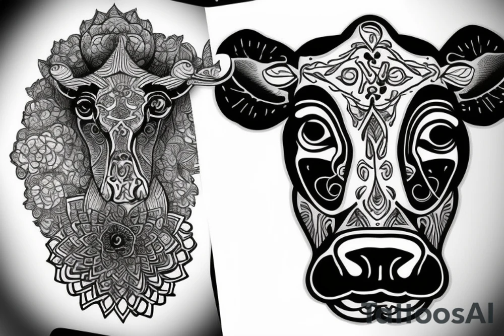 Outline cow head with big glossy eyes tattoo idea