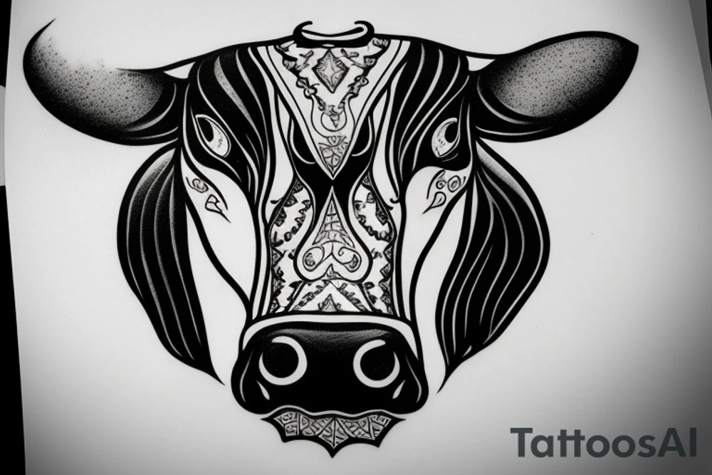 Outline cow head with big glossy eyes tattoo idea