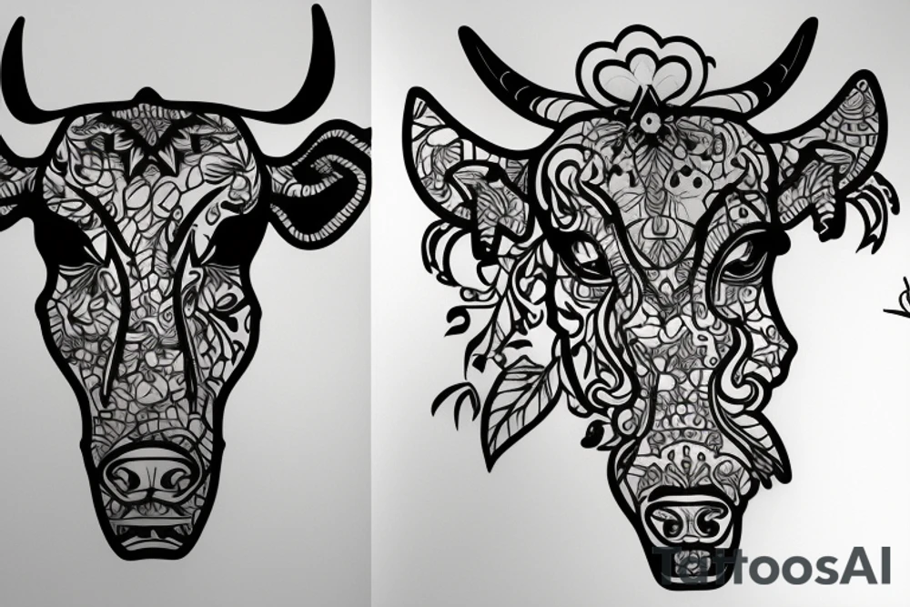 Outline cow head with big glossy eyes tattoo idea