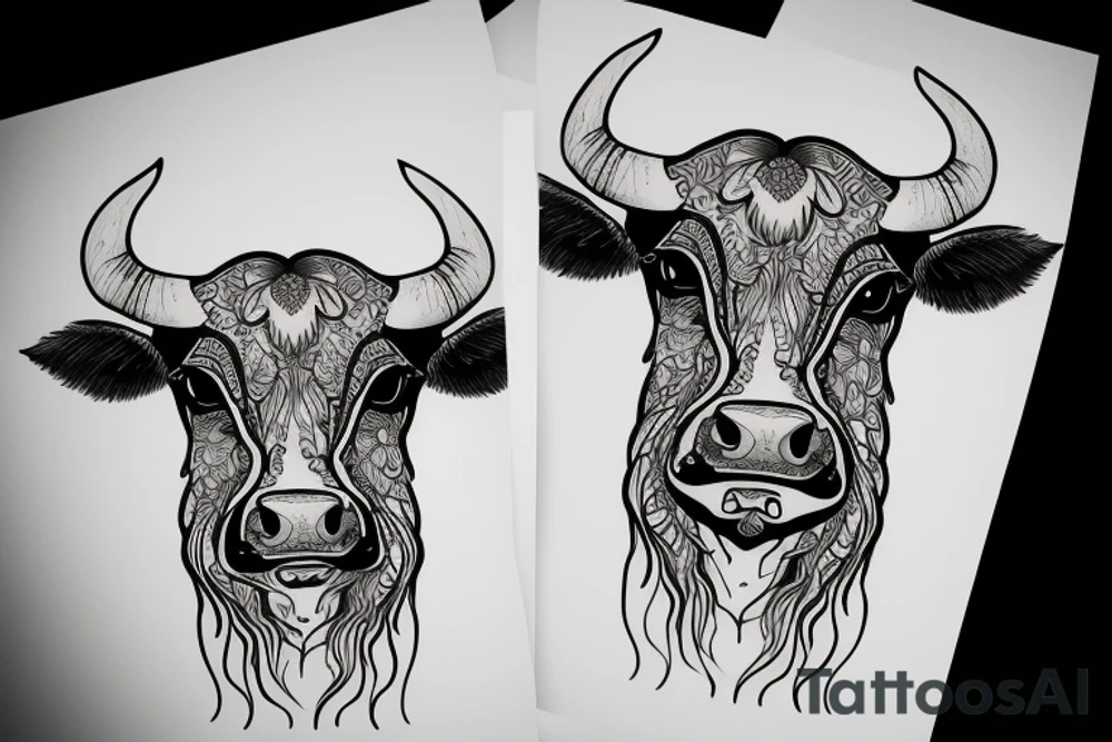 Outline cow head with big glossy eyes tattoo idea