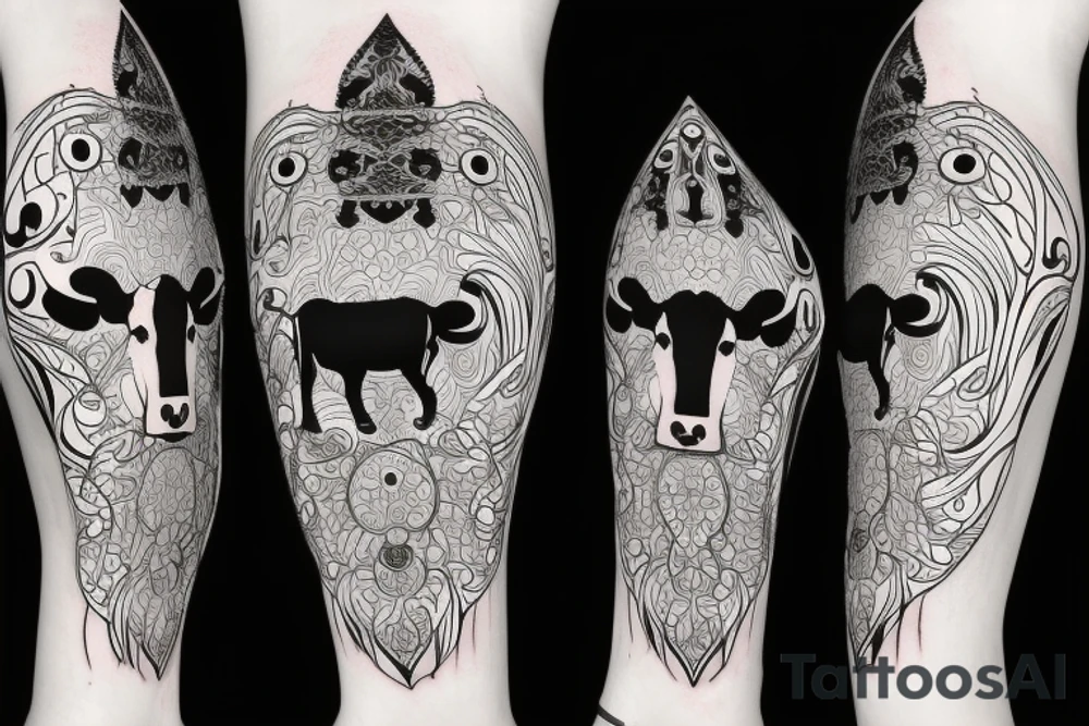 Outline cow head with big glossy eyes tattoo idea