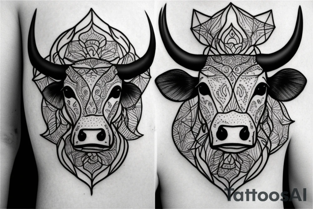 Outline cow head with big glossy eyes tattoo idea