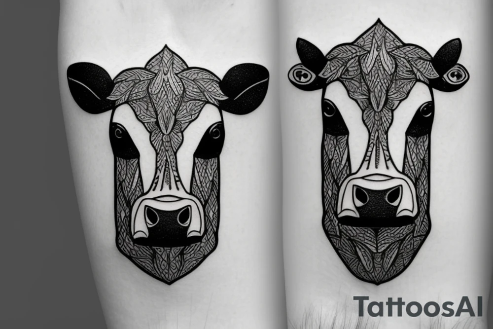 Outline cow head with big glossy eyes tattoo idea