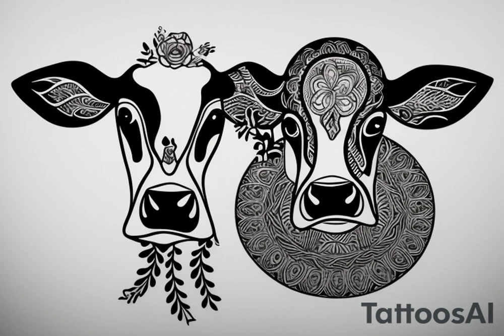 Outline cow head with big glossy eyes tattoo idea