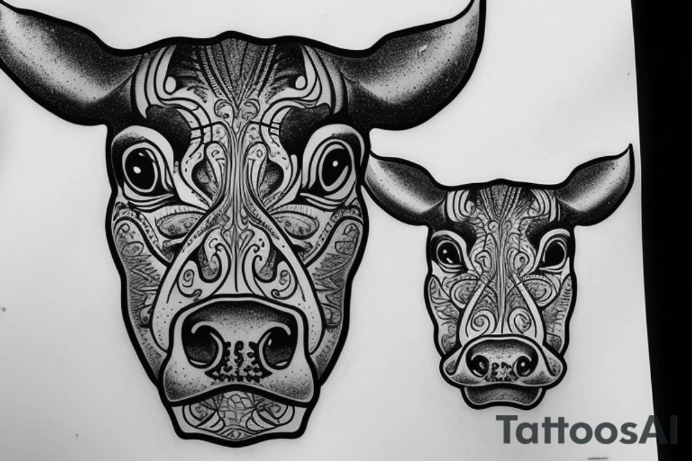 Outline cow head with big glossy eyes tattoo idea