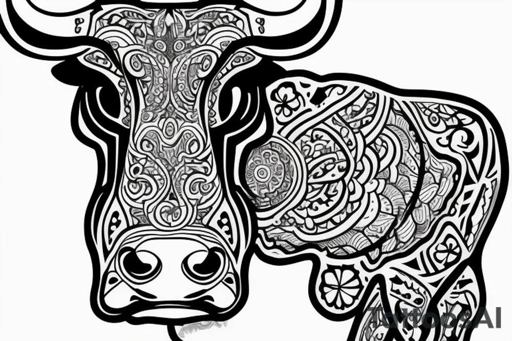 Outline cow head with big glossy eyes tattoo idea