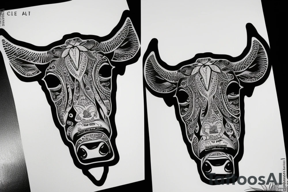 Outline cow head with big glossy eyes tattoo idea