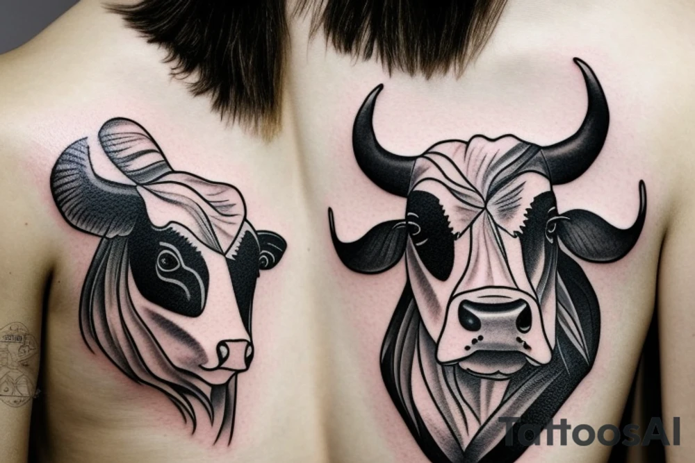 Outline cow head with big glossy eyes tattoo idea