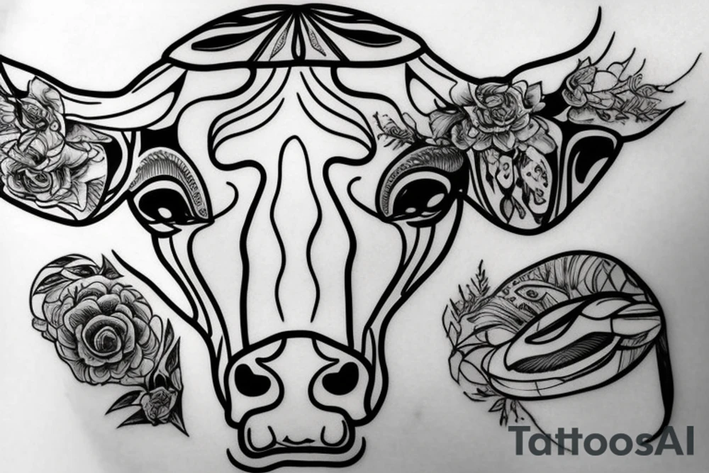 Outline dairy cow head with big glossy eyes tattoo idea