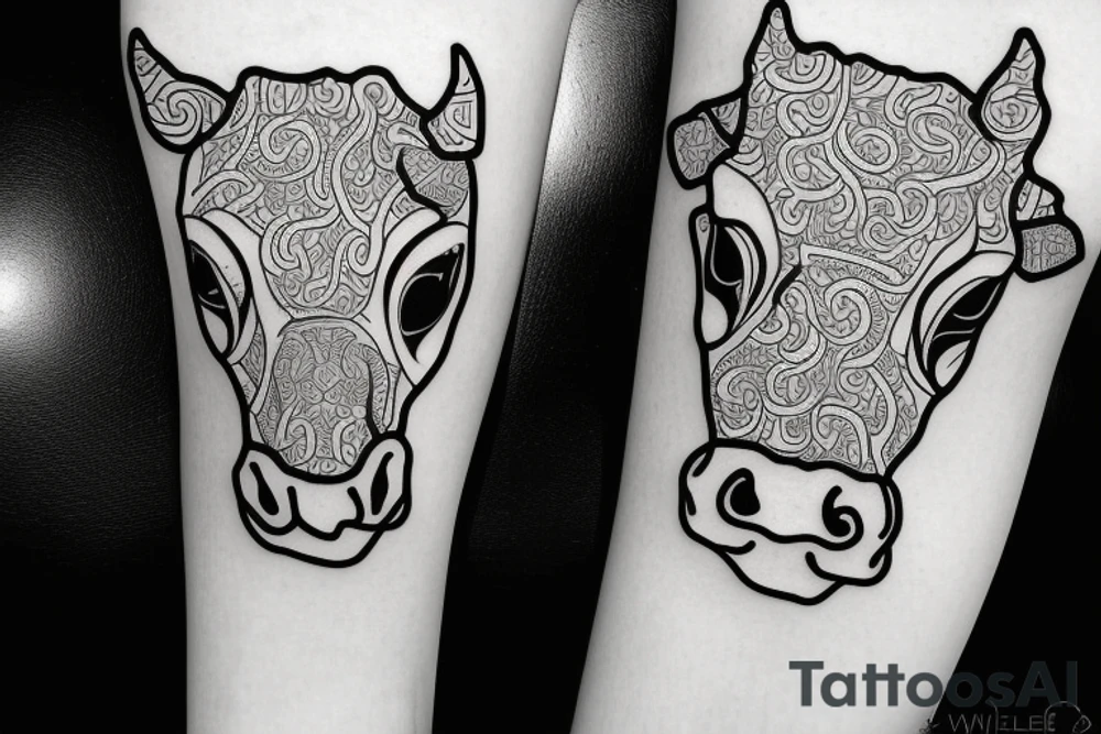 Outline dairy cow head with big glossy eyes tattoo idea