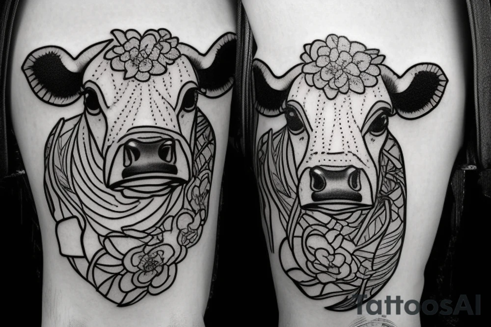 Outline dairy cow head with big glossy eyes tattoo idea