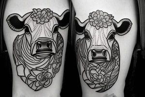 Outline dairy cow head with big glossy eyes tattoo idea