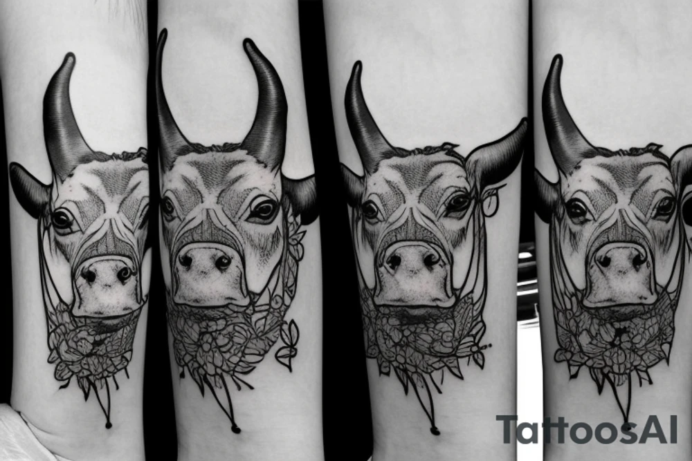 Outline dairy cow head with big glossy eyes tattoo idea