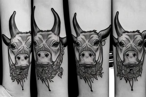 Outline dairy cow head with big glossy eyes tattoo idea