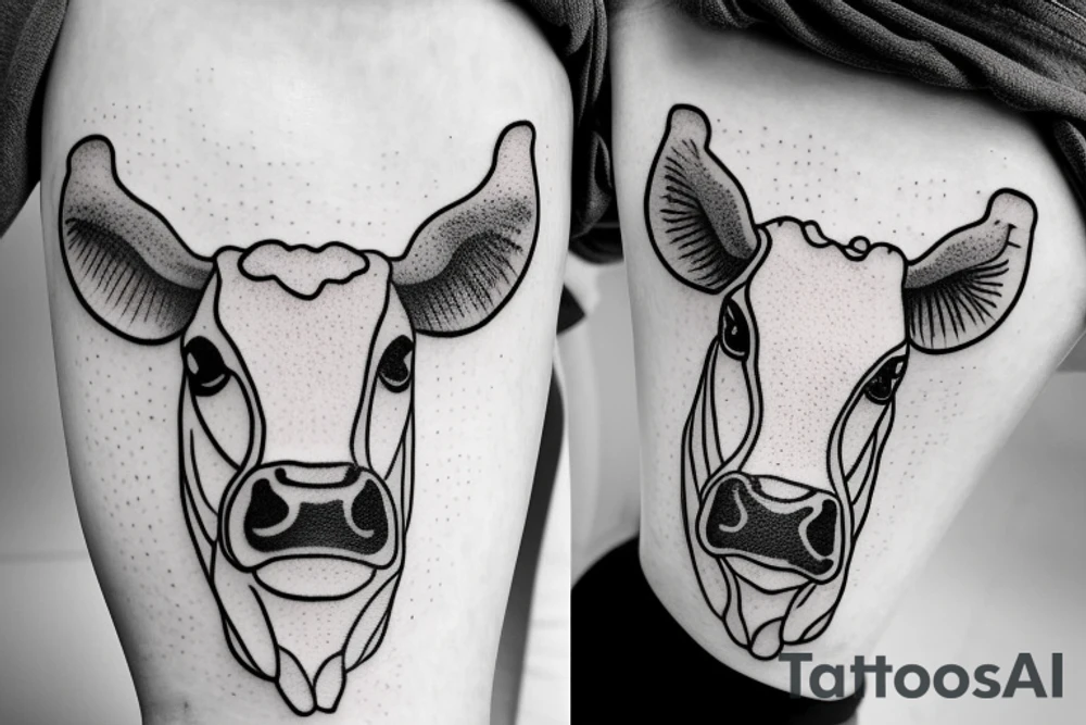 Outline dairy cow head with big glossy eyes tattoo idea