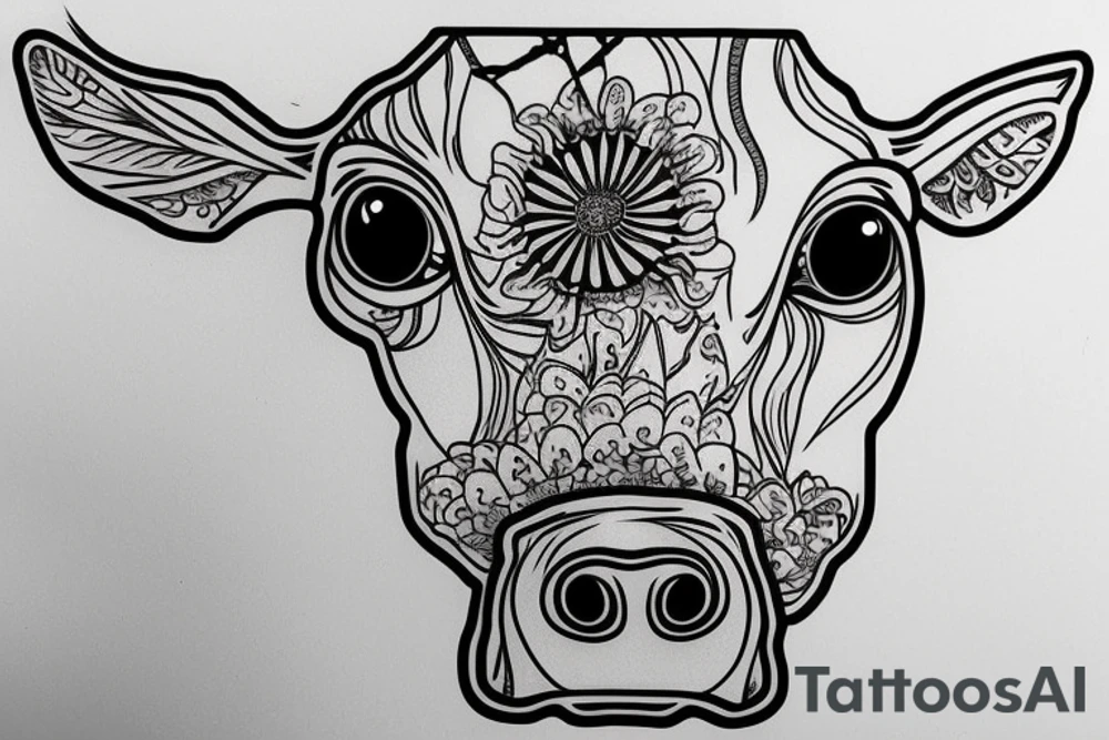 Outline dairy cow head with big glossy eyes tattoo idea