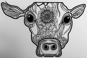 Outline dairy cow head with big glossy eyes tattoo idea
