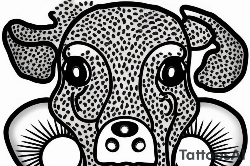 Outline dairy cow head with big glossy eyes, mushroom spore third eye tattoo idea