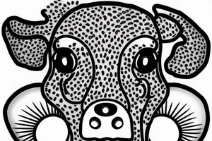 Outline dairy cow head with big glossy eyes, mushroom spore third eye tattoo idea