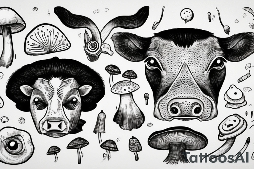 Outline dairy cow head with big glossy eyes, mushroom spore third eye tattoo idea