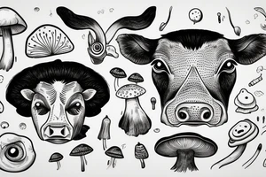 Outline dairy cow head with big glossy eyes, mushroom spore third eye tattoo idea
