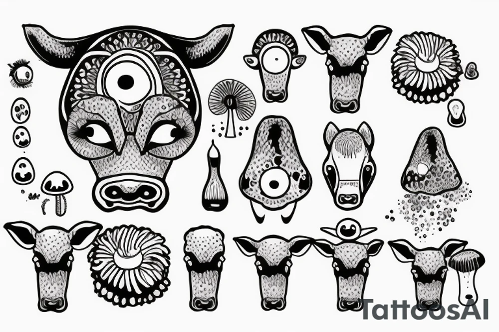 Outline dairy cow head with big glossy eyes, mushroom spore third eye tattoo idea