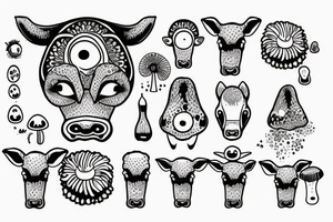 Outline dairy cow head with big glossy eyes, mushroom spore third eye tattoo idea