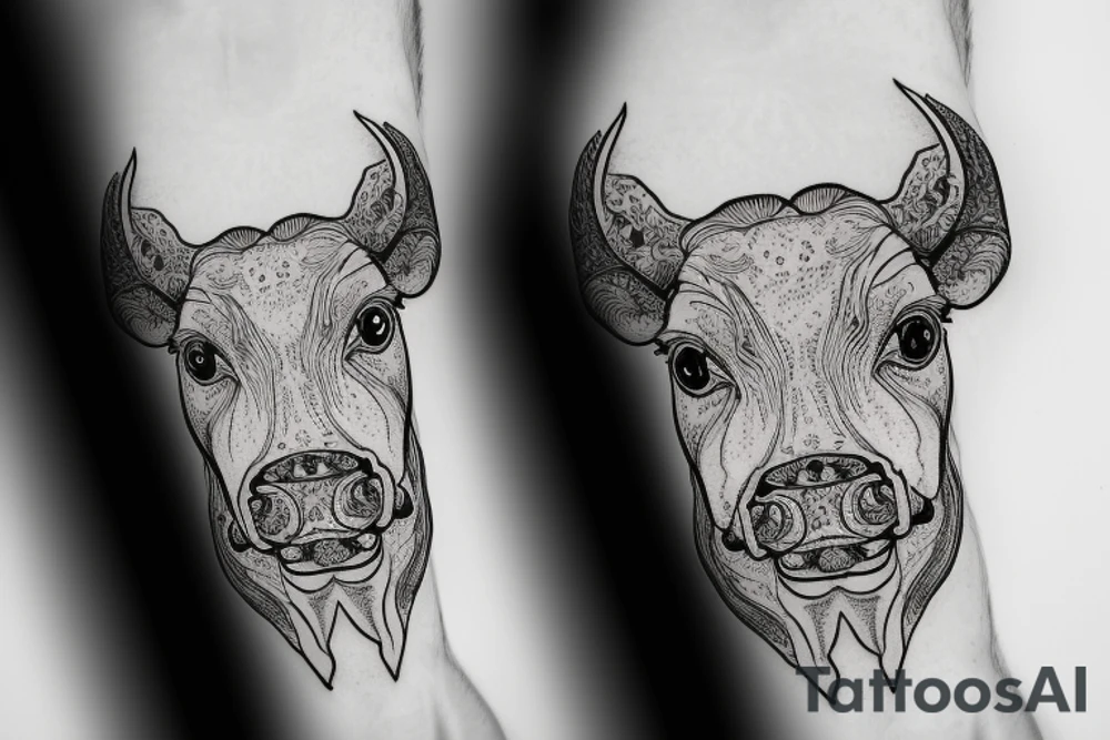 Outline dairy cow head with big glossy eyes, mushroom spore third eye tattoo idea
