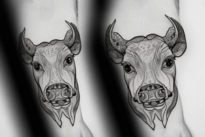 Outline dairy cow head with big glossy eyes, mushroom spore third eye tattoo idea