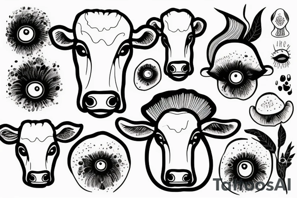 Outline dairy cow head with big glossy eyes, mushroom spore third eye tattoo idea