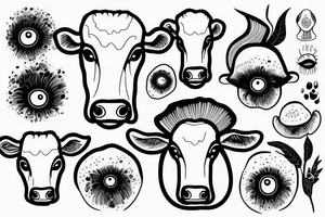 Outline dairy cow head with big glossy eyes, mushroom spore third eye tattoo idea